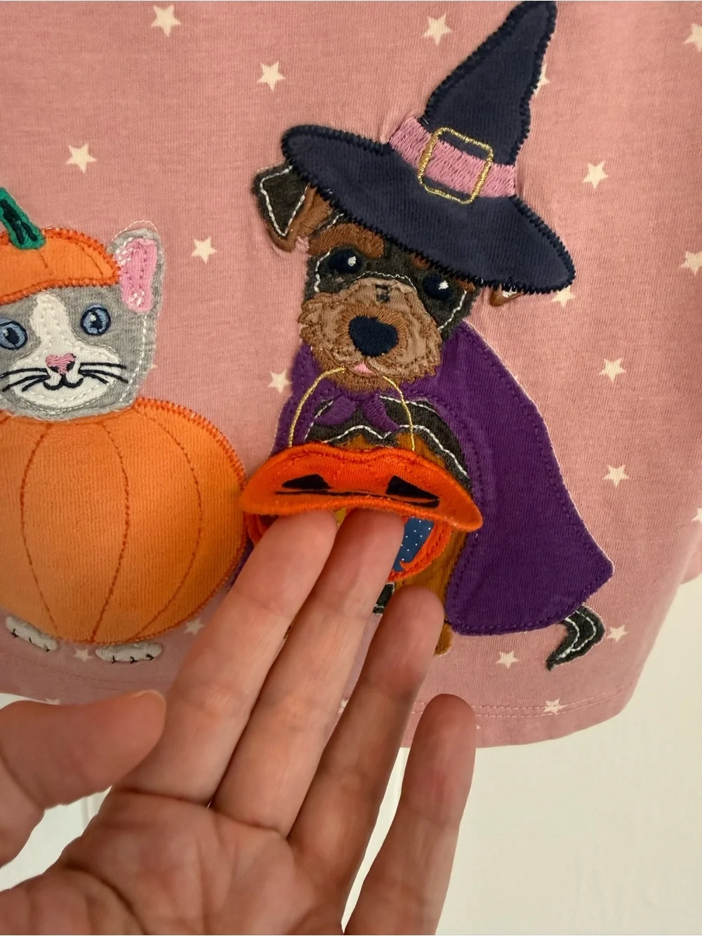 Mini Boden Pink Long-Sleeve Halloween Top with Puppy & Pumpkin Appliqués